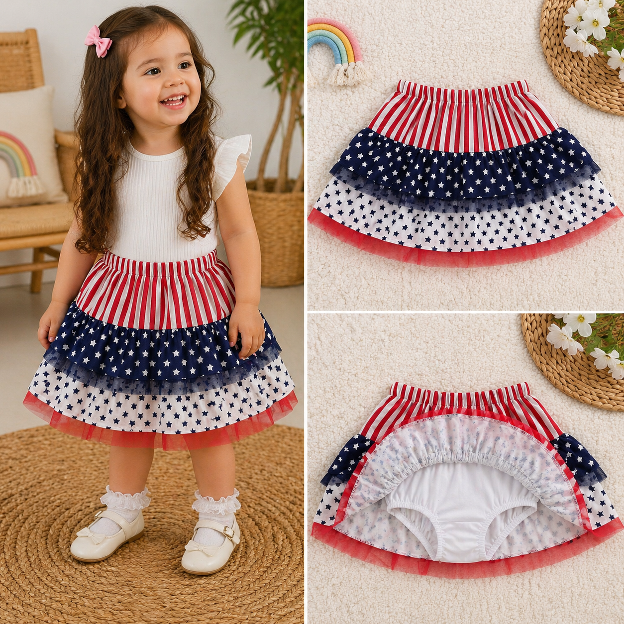 Girls Layered Stars & Stripes Skirt (With Inner Shorts)