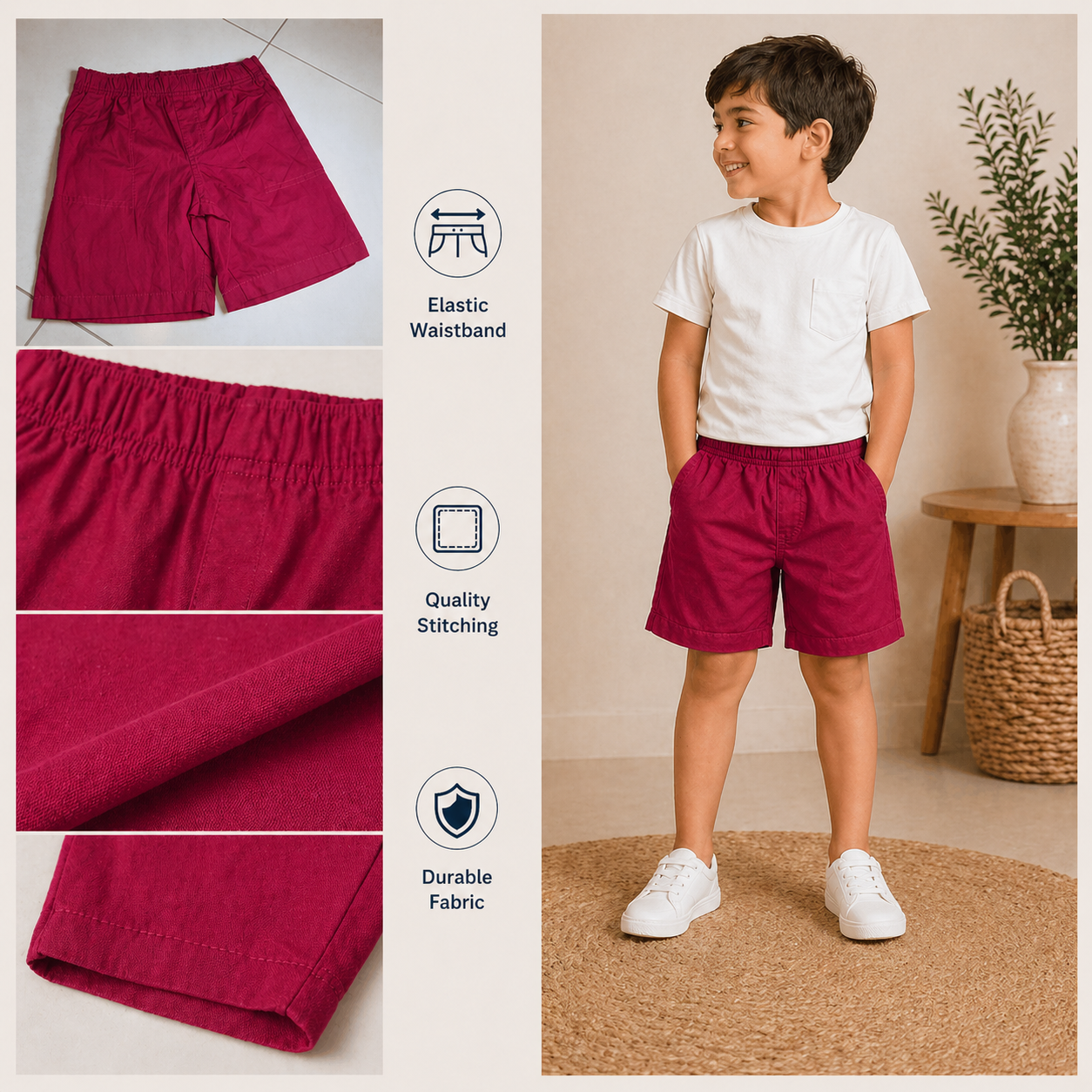 Boys Elastic Waist Shorts In 3 Colors