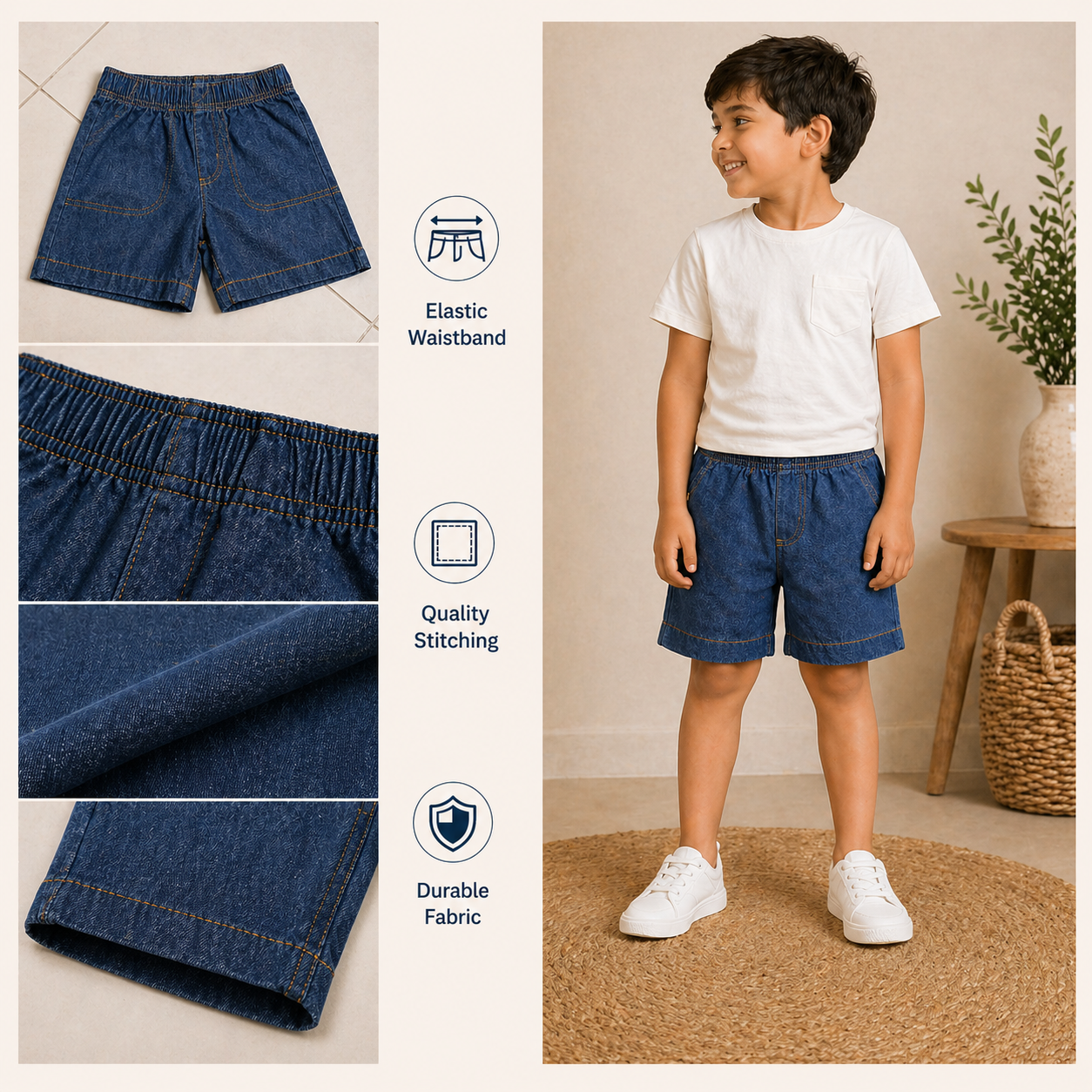 Boys Elastic Waist Shorts In 3 Colors