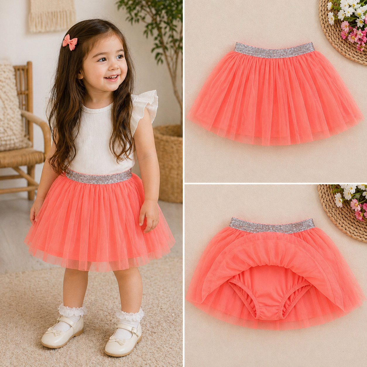Girls Tutu Tulle Skirt with Built-in Shorts