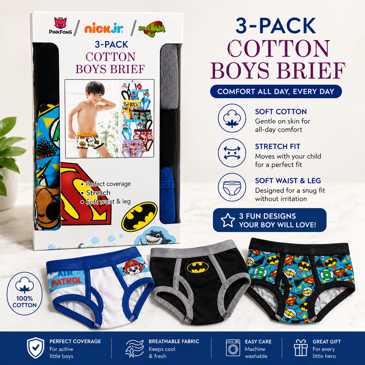 3-Pack Boys Cotton Briefs – Soft, Comfortable & Fun Printed Designs