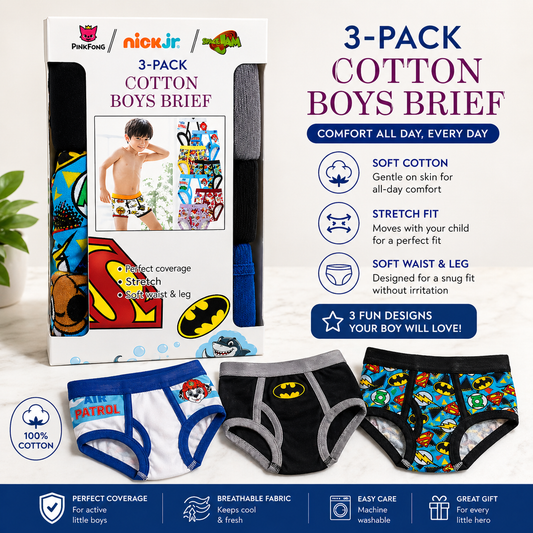 3-Pack Boys Cotton Briefs – Soft, Comfortable & Fun Printed Designs