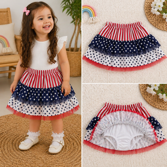 Girls Layered Stars & Stripes Skirt (With Inner Shorts)