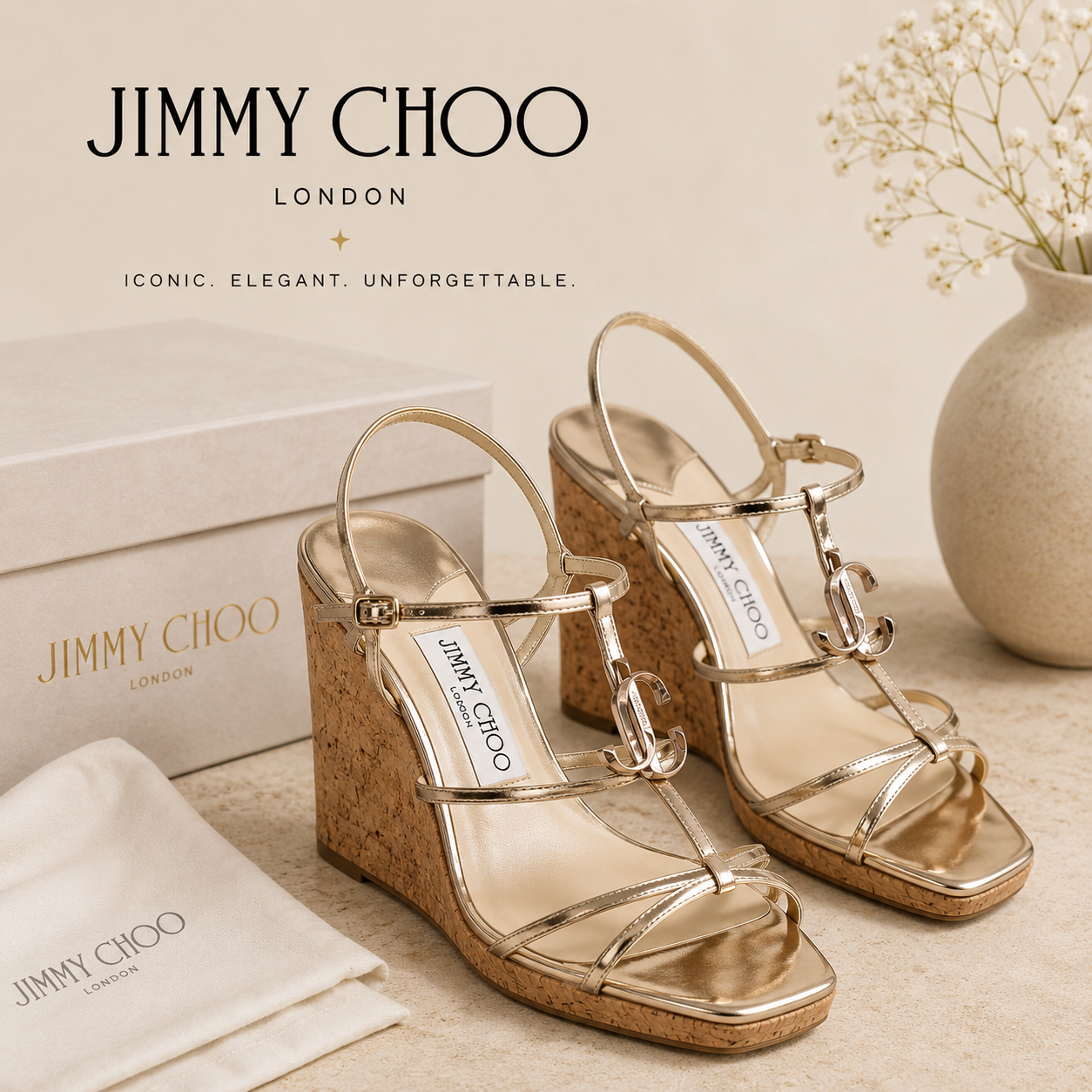 Jimmy Choo Gold Leather JC Emblem Wedge Sandals
