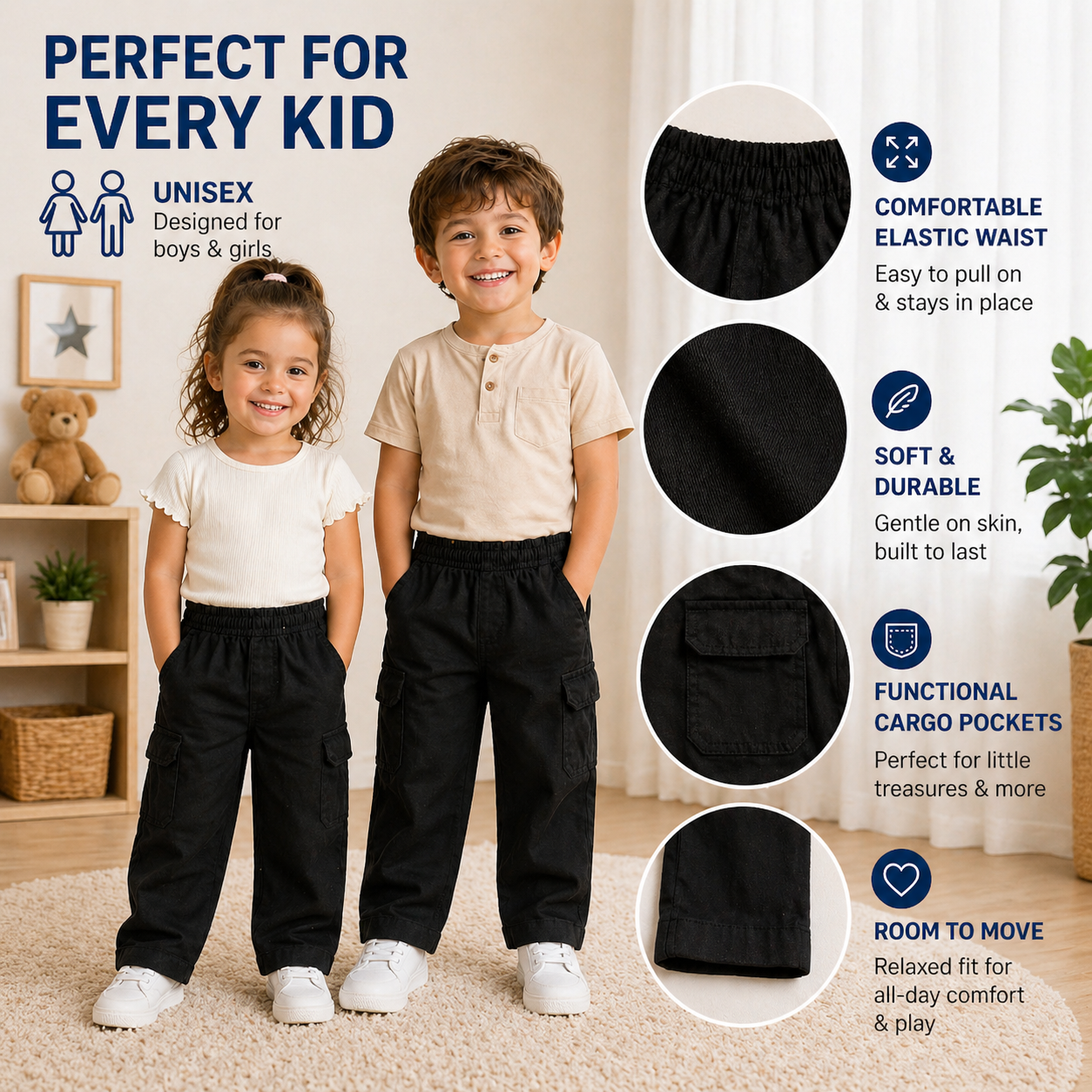 Kids Cargo Pants – Unisex - Black