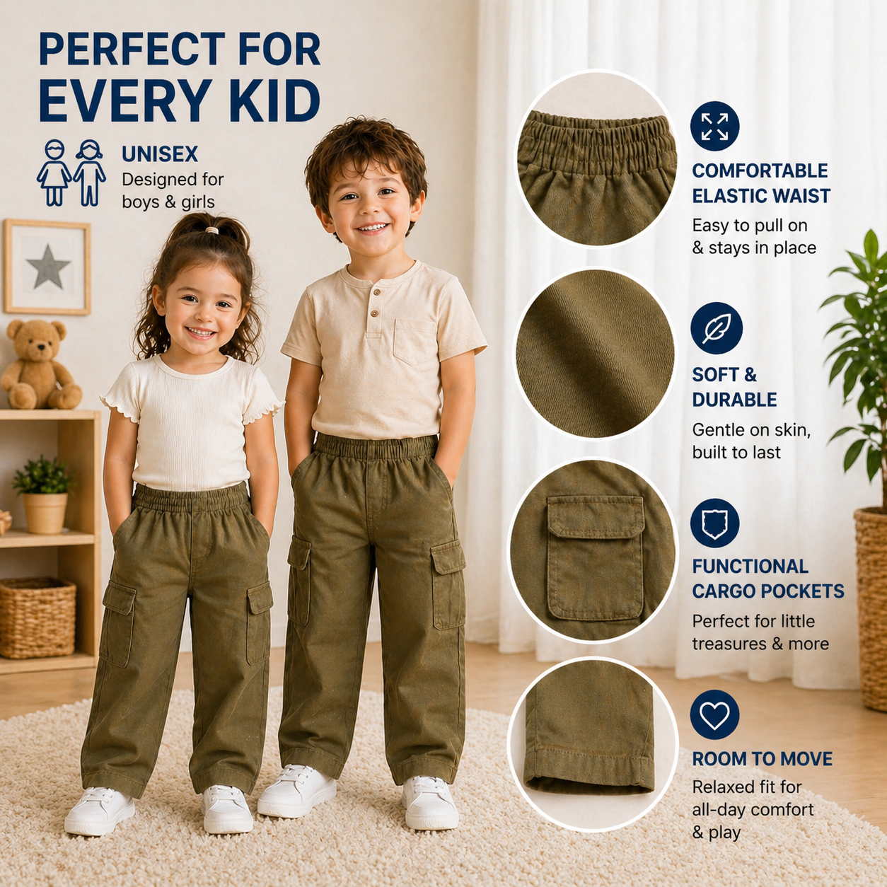 Kids Cargo Pants – Unisex - Khaki